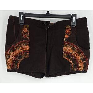 Brown Embroidered Boho Shorts w/ Pockets Shoestring Waist Women's M
